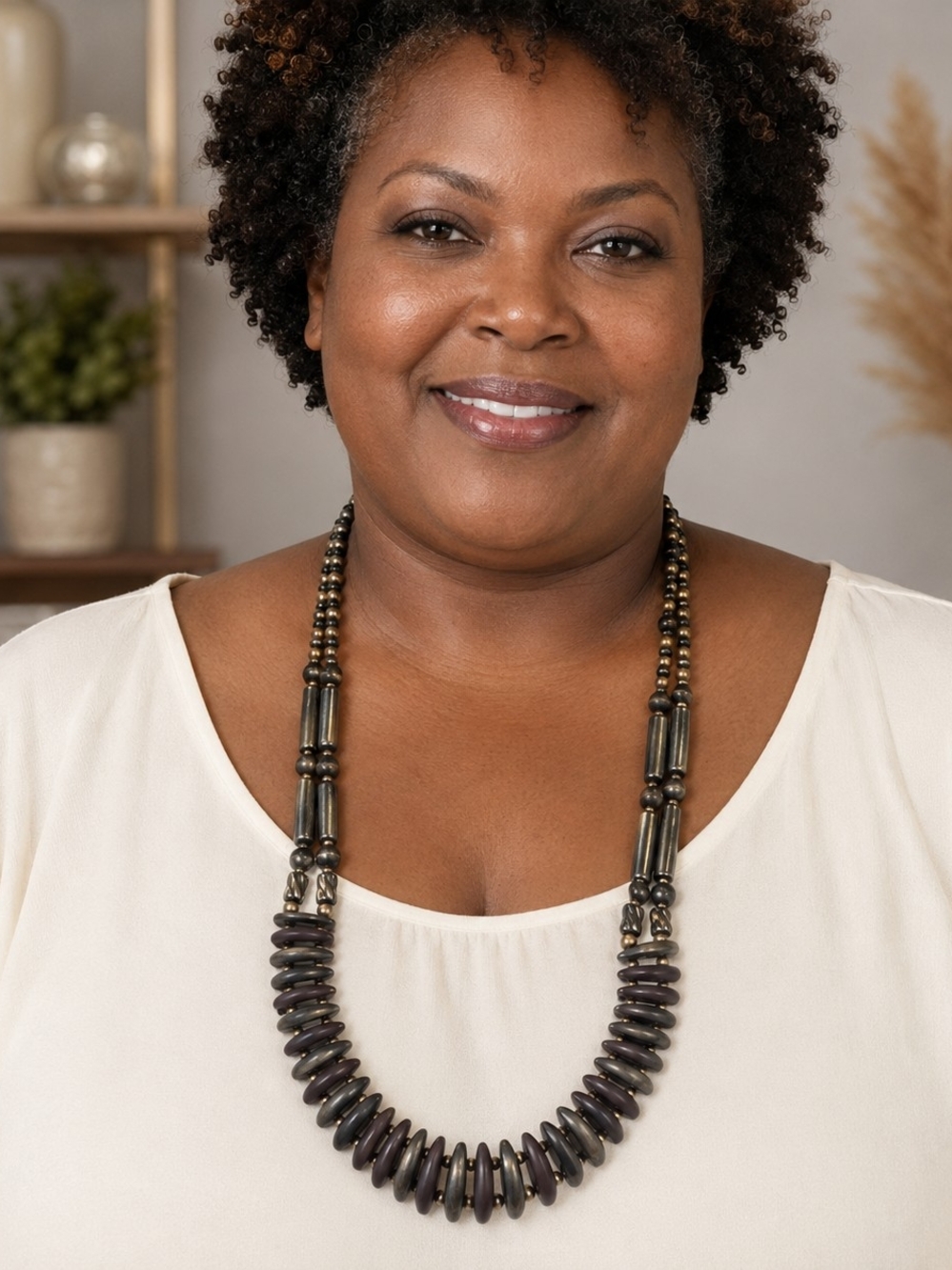 24 Inch Double Strand Black Brown Bronze Beaded Statement Necklace